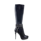 Women's Knee High Chain Stiletto Boots - Black - With Chain - 46 B - PU Leather - image 5