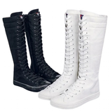 Women's Canvas Knee High Lace Up Boots - White - 2cm Heel - 43 B - Canvas - image 1