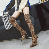 Women's Cloth Leopard Print Stiletto Boots - Khaki - Leopard Print Stretch - 45 B - Plush Stretch Material - image 7