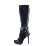 Women's Knee High Chain Stiletto Boots - Black - With Chain - 46 B - PU Leather - image 2
