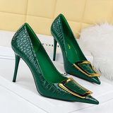Women's Metal Buckle Pointed Toe Pumps - Green - Formal Shoes - 40 B - PU Leather - image 19