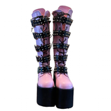 Women's Pink Studded Belt Platform Boots - Dark Pink - Platform Wedges - 46 B - PU Leather - image 2