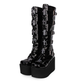 Women's Japanese Harajuku Platform Boots - Black - Cross / Matte / Wedge / 10cm - 13 B - PU Leather - image 40