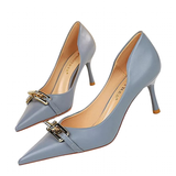 Women's Pointed Toe Metal Buckle Pumps - Blue - 7cm Heels - 43 B - PU Leather - image 1
