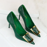 Women's Metal Buckle Pointed Toe Pumps - Green - Formal Shoes - 40 B - PU Leather - image 17