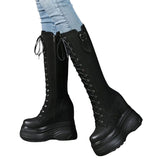 Women's Leather Platform Lace Up Wedges - Black  - Suede - Wedge Boots - 3 B - Genuine Leather - image 1