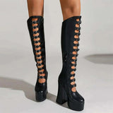 Women's Cut Out Chunky Knee High Boots - Black - Matte Platform Boots - 43 B - PU Leather - image 4