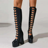 Women's Cut Out Chunky Knee High Boots - Black - Matte Platform Boots - 43 B - PU Leather - image 2