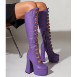 Women's Cut Out Chunky Knee High Boots - Black - Matte Platform Boots - 43 B - PU Leather - image 31