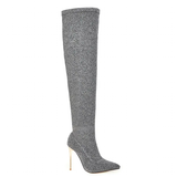 Women's Cloth Leopard Print Stiletto Boots - Khaki - Leopard Print Stretch - 45 B - Plush Stretch Material - image 38