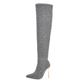 Women's Cloth Leopard Print Stiletto Boots - Khaki - Leopard Print Stretch - 45 B - Plush Stretch Material - image 23