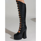 Women's Cut Out Chunky Knee High Boots - Black - Matte Platform Boots - 43 B - PU Leather - image 24