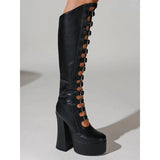 Women's Cut Out Chunky Knee High Boots - Black - Matte Platform Boots - 43 B - PU Leather - image 6