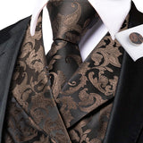 Men's 4 Pcs Formal Floral Tie Vest Sets - Brown - 4pc Tie Set - HT-MJ-0093 - 3XL - Silk - image 1