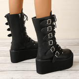 Women's Buckle Strap Wedge Biker Boots - Black - 1 - Matte - Biker Boots - 43 B - PU Leather - image 5