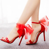 Women's Chiffon Bow High Bridal Sandals - White - Wedding Sandals - 43 B - PU Leather - image 7