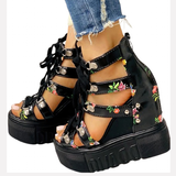 Women's Strappy Platform Wedge Shoes - Black - Flower Sandals - 43 B - PU Leather - image 3