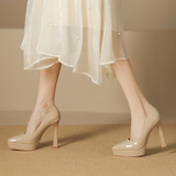 Women's Elegant Patent High Heel Pumps - Beige - 1 / 12cm Heel - 41 B - PU Patent Leather - image 4
