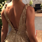 Women's Long Sparkly Prom Ball Dress - Gold - Ball Gown - 20W - Chiffon Sequin - image 8