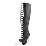 Women's Lace Up Canvas Stiletto Boots - Black - P90938C - 15 B - Canvas - image 1