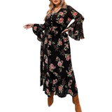 Women's Plus Floral Flare Sleeve Dress - Black - Dress - 4XL - Polyester - image 1