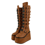 Women's Brown Buckle Strap Platform Boots - Brown - Buckle Boots - 46 B - PU Leather - image 1