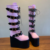 Women's Pink Studded Belt Platform Boots - Dark Pink - Platform Wedges - 46 B - PU Leather - image 4