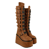 Women's Brown Buckle Strap Platform Boots - Brown - Buckle Boots - 46 B - PU Leather - image 3
