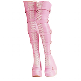 Women's Over Knee Buckle Lace Up Boots - Black - Boots - 46 B - PU Patent Leather - image 12