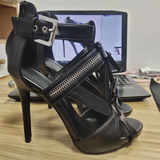 Women's Buckle Strap Zip Stiletto Sandals - Black - Gladiator Sandals - 46 B - PU Patent Leather - image 14
