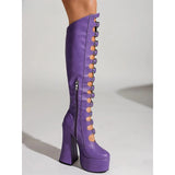 Women's Cut Out Chunky Knee High Boots - Black - Matte Platform Boots - 43 B - PU Leather - image 30