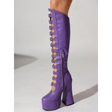 Women's Cut Out Chunky Knee High Boots - Black - Matte Platform Boots - 43 B - PU Leather - image 25