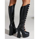 Women's Cut Out Chunky Knee High Boots - Black - Matte Platform Boots - 43 B - PU Leather - image 7
