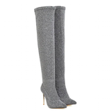 Women's Cloth Leopard Print Stiletto Boots - Khaki - Leopard Print Stretch - 45 B - Plush Stretch Material - image 24