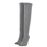 Women's Cloth Leopard Print Stiletto Boots - Khaki - Leopard Print Stretch - 45 B - Plush Stretch Material - image 22