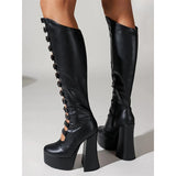 Women's Cut Out Chunky Knee High Boots - Black - Matte Platform Boots - 43 B - PU Leather - image 5