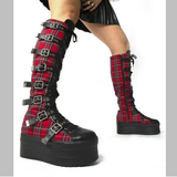 Women's Plaid Buckle Platform Wedge Boot - Black/Red - Plaid Platform Boots - 33 B - Split Leather - image 3