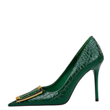Women's Metal Buckle Pointed Toe Pumps - Green - Formal Shoes - 40 B - PU Leather - image 22