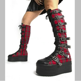 Women's Plaid Buckle Platform Wedge Boot - Black/Red - Plaid Platform Boots - 33 B - Split Leather - image 4