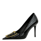 Women's Metal Buckle Pointed Toe Pumps - Black - Formal Shoes - 40 B - PU Leather - image 33