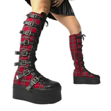 Women's Plaid Buckle Platform Wedge Boot - Black/Red - Plaid Platform Boots - 33 B - Split Leather - image 1