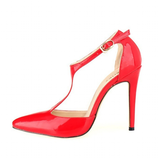 Women's Super High Heel T-Strap Stilettos - Red - Ladies Dress Shoe - 12 B - PU Patent Leather - image 9
