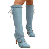 Women's Denim Cross Strap Buckle Boots - Light Blue - High Heel Boots - 43 B - PU Leather - image 8
