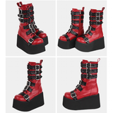 Women's Gothic Buckle Strap Biker Boots - Wine Red - Buckle Biker Boots - 34 B - PU Leather - image 13