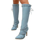 Women's Denim Cross Strap Buckle Boots - Light Blue - High Heel Boots - 43 B - PU Leather - image 11