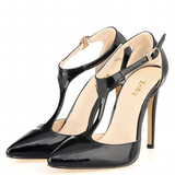 Women's Super High Heel T-Strap Stilettos - Black - Ladies Dress Shoe - 12 B - PU Patent Leather - image 1