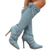 Women's Denim Cross Strap Buckle Boots - Light Blue - High Heel Boots - 43 B - PU Leather - image 3