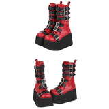 Women's Gothic Buckle Strap Biker Boots - Wine Red - Buckle Biker Boots - 34 B - PU Leather - image 14