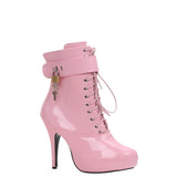 Women's Padlock High Stiletto Ankle Boots - Hot Pink - Ankle Boots - 15 B - PU Patent Leather - image 3