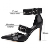 Women's Punk Buckle Strap Rivet Stilettos - White - Punk Rivet Stilettos - 4 B - PU Leather - image 13